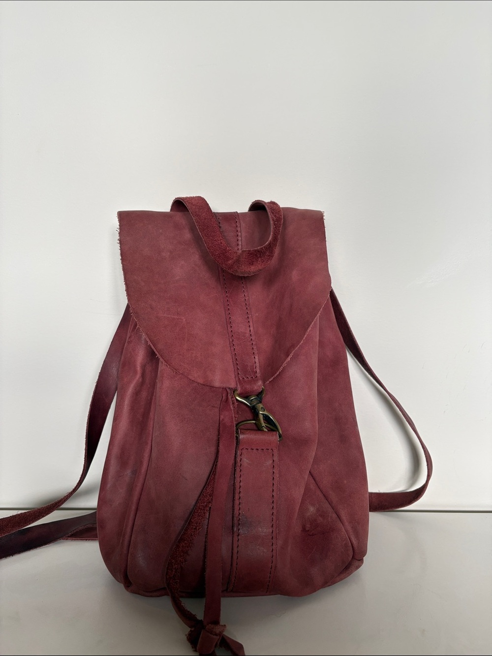 Burgundy Genuine Leather Backpack – Boho Minimalist Rucksack